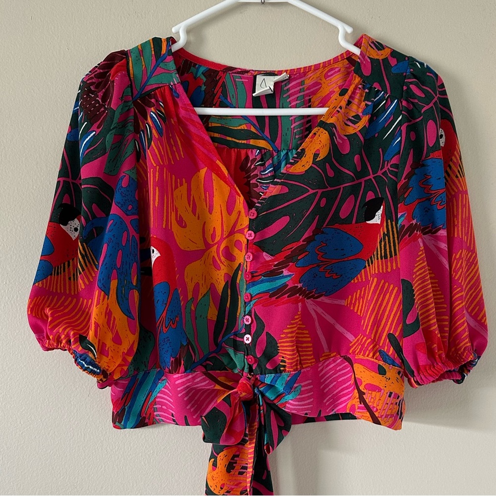Joie Blue and Pink Puff Sleeve Cropped Blouse